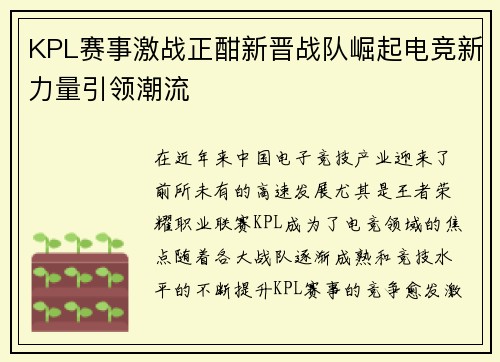 KPL赛事激战正酣新晋战队崛起电竞新力量引领潮流
